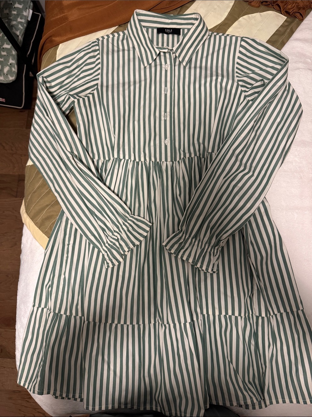 Able Green and White Vertical-Striped Button-Front Tiered Dress